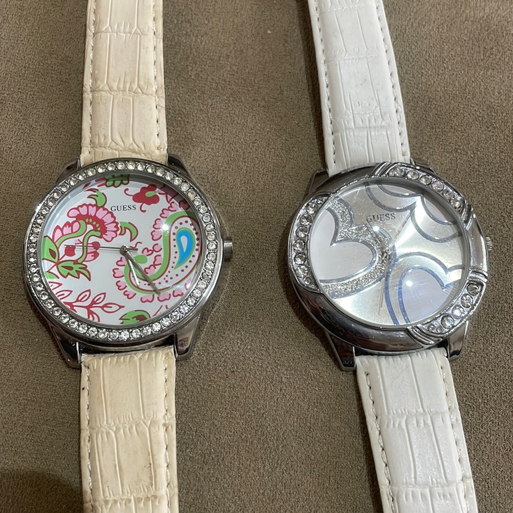 Vintage Guess women’s Watch large Oversized 2x1 White leather rhinestones